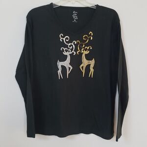 Live Who You Are Top Womens LP Gold Silver Sequin Reindeer Holiday Party Office